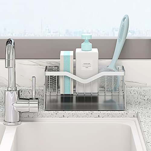 Kitchen Sink Caddy Sponge Holder , 304 Stainless Steel Kitchen Soap Dispenser Caddy Organizer - Quick Draining, Stainless Steel Tray - Holds Sponge, Dish Soap Dispenser, Cleaning Towel, Scrubber