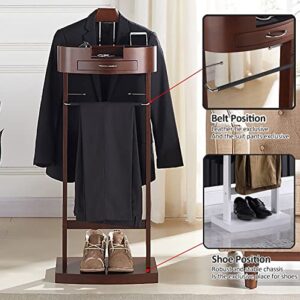 HALYING Clothes Valet Stand, Floor Standing Clothes Valet, Suit Hanger Rack with Drawer and Solid Frame Crease-Free Suit Coat Stand Storage Wooden for Hallway Dressing Room