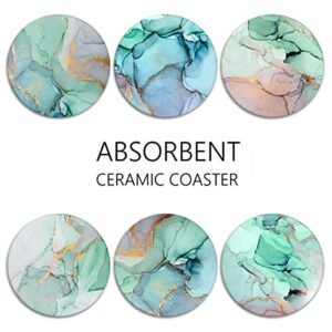 Coaster for Drinks Set of 6, Paint Colorful Oil High Watercolor Absorbent Round Ceramic Stone Mat, with Cork Base and Metal Holder, Gift for Housewarming Room Bar Decor