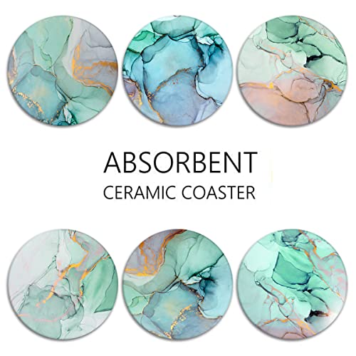 Coaster for Drinks Set of 6, Paint Colorful Oil High Watercolor Absorbent Round Ceramic Stone Mat, with Cork Base and Metal Holder, Gift for Housewarming Room Bar Decor