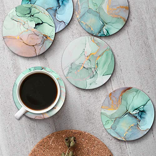 Coaster for Drinks Set of 6, Paint Colorful Oil High Watercolor Absorbent Round Ceramic Stone Mat, with Cork Base and Metal Holder, Gift for Housewarming Room Bar Decor