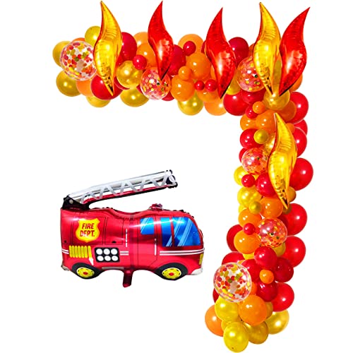 Fire Truck Birthday Party Bundle Includes Red,Rold,Orange Latex Balloons Confetti Balloon Firefighter Truck Balloon Supplies For Firefighter Birthday Boy’s Birthday Fire Engine Rescue Theme Party