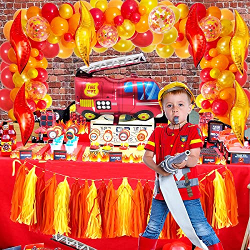 Fire Truck Birthday Party Bundle Includes Red,Rold,Orange Latex Balloons Confetti Balloon Firefighter Truck Balloon Supplies For Firefighter Birthday Boy’s Birthday Fire Engine Rescue Theme Party