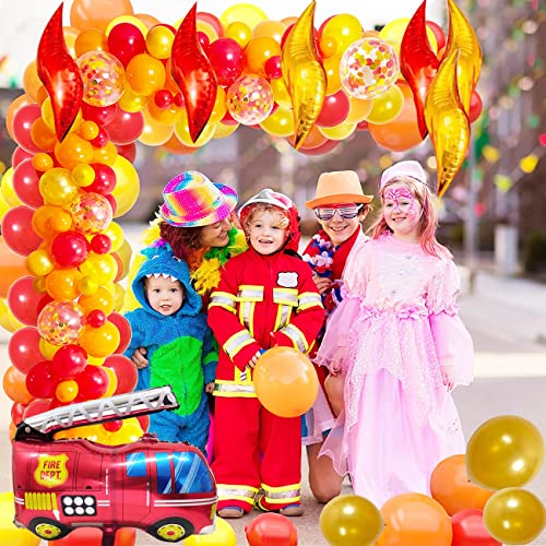 Fire Truck Birthday Party Bundle Includes Red,Rold,Orange Latex Balloons Confetti Balloon Firefighter Truck Balloon Supplies For Firefighter Birthday Boy’s Birthday Fire Engine Rescue Theme Party