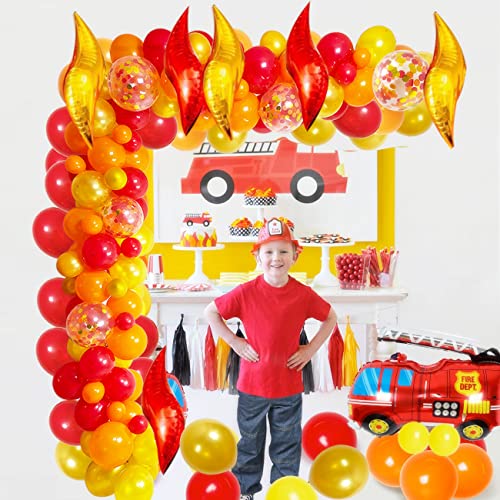 Fire Truck Birthday Party Bundle Includes Red,Rold,Orange Latex Balloons Confetti Balloon Firefighter Truck Balloon Supplies For Firefighter Birthday Boy’s Birthday Fire Engine Rescue Theme Party