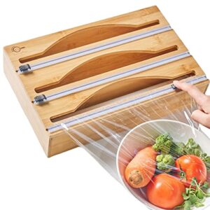 sunnyplan plastic wrap dispenser with cutter - 3 in 1 foil and plastic wrap organizer – bamboo drawer organizer compatible with 12 inch wrap rolls – installation hardware included