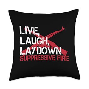 the salty veteran live laugh lay down suppressive fire rights funny gun throw pillow, 18x18, multicolor