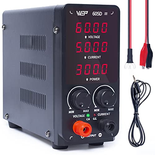 WEP 605D-III DC Variable Power Supply 60.00V 5.000A High Precision Bench Lab Power Supply with Alligator Clips for anodizing kit, Electroplating, arduino, breadboard