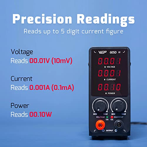 WEP 605D-III DC Variable Power Supply 60.00V 5.000A High Precision Bench Lab Power Supply with Alligator Clips for anodizing kit, Electroplating, arduino, breadboard