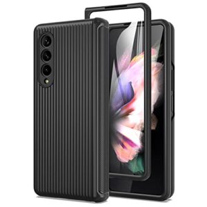 makavo for samsung galaxy z fold 3 5g case with hinge protection, built-in tempered glass screen protector, slim fit 3d non-slip texture 360 degree shockproof phone cover (black)