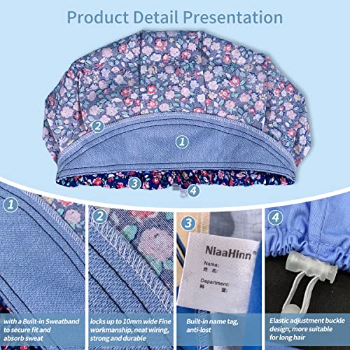 niaahinn 4PCS Adjustable Bouffant Scrub Hats with Button & Sweatband Cotton Working Cap Cartoon Printing Nurse Hats (32001-32077-32096-32109)