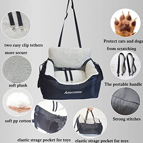 Dog Car Seat for Small Dog Under 25,Fully Detachable and Washable Ultra Soft Car Travel Bed Two Portable Handle and Storage Pockets,with Clip-on Soft Dog Car Seat,Portable Dog Car Travel Carrier Bed