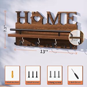 SWTYMIKI Key Holder for Wall with Home Decoration, Wood Mail Organizer with Double Key Hooks & Mail Holder Design, Wall Mounted Key Hanger for Entryway, Front Door, Hallway, Office, Brown