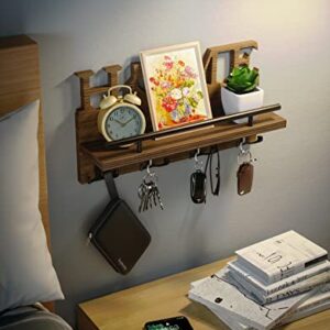 SWTYMIKI Key Holder for Wall with Home Decoration, Wood Mail Organizer with Double Key Hooks & Mail Holder Design, Wall Mounted Key Hanger for Entryway, Front Door, Hallway, Office, Brown