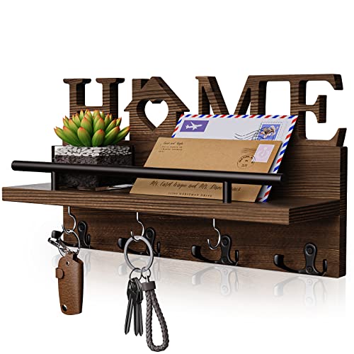 SWTYMIKI Key Holder for Wall with Home Decoration, Wood Mail Organizer with Double Key Hooks & Mail Holder Design, Wall Mounted Key Hanger for Entryway, Front Door, Hallway, Office, Brown