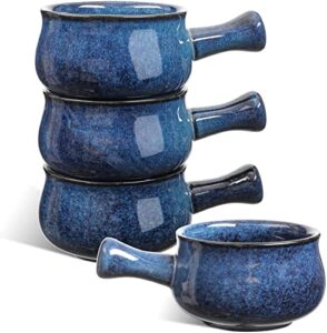 vicrays french onion soup bowls with handles, 26 ounce for soup, chili, beef stew, chip resistant, dishwasher microwave safe, set of 4 (strary blue)