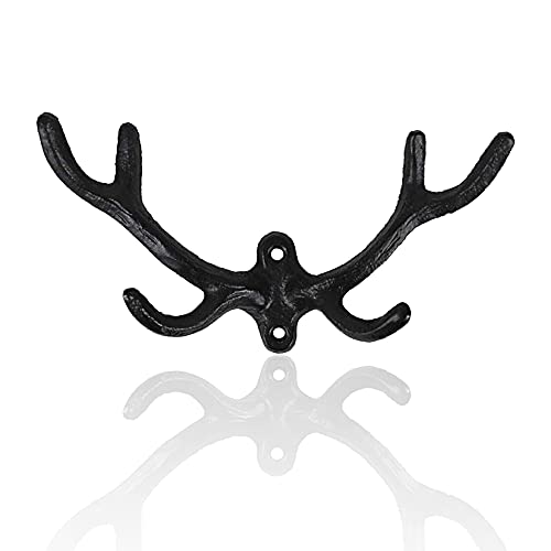 30GO 2 Pack Durable Deer Antler Wall Hooks | Versatile Antler Decorative Hanger w/Screws | Multi-Purpose Rustic Farmhouse Style Home Decor for Coats, Hats, Scarves, Keys (2, Black)