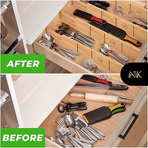 NK Home Goods Expandable Bamboo Drawer Divider (17x22 in), Adjustable Kitchen Organizer for Office, Home, and Closets. 4 Dividers 6 Inserts. (Free 12x24 Liner)