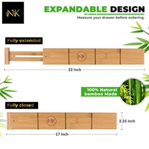 NK Home Goods Expandable Bamboo Drawer Divider (17x22 in), Adjustable Kitchen Organizer for Office, Home, and Closets. 4 Dividers 6 Inserts. (Free 12x24 Liner)