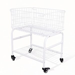 laundry cart with basket for storage,laundry basket with wheels, metal basket,metal rack,white color (white)