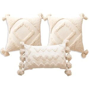 banilla throw pillow cover bundle | featuring a pair of hand tufted diamond detailed 18" pillow covers & a 12x20 lumbar pillow with chunky tassels | natural white