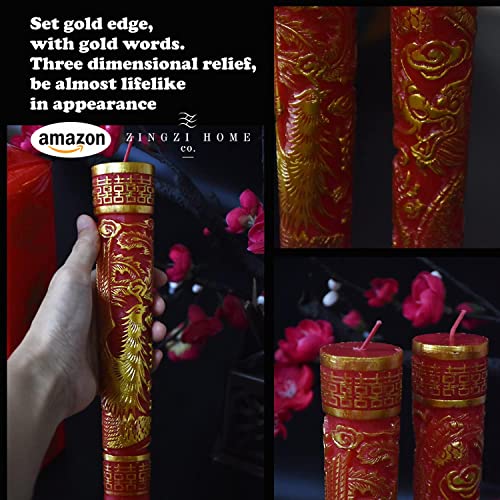 ZINGZIHOME Chinese Dragon and Phoenix Wedding Candles Red Traditional Double Happiness 1 Pair, 9.84 Inch Tall x 2 Inch Diameter, Great for Chinese Weddings Decoration as Well as Special Events