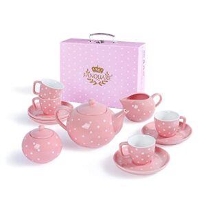 fanquare play tea set for little girls, polka dot porcelain tea set, tea gift set for holiday, pink tea set