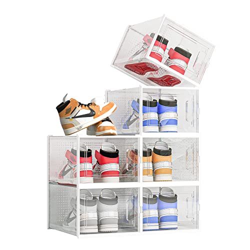 DHMAKER Shoe Storage Boxes, Stackable Shoe Box Foldable Clear 6 Pack, X-Large Boot Sneaker Storage Boxes Women Men Plastic Dustproof for Sneaker, Heel, Sandal, White