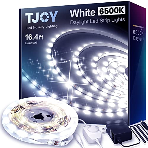 TJOY White LED Strip Lights, 16.4 Ft Vanity Mirror Lights Bright 6500K Daylight White, Dimmable and Strong Adhesive, Flexible Cuttable DIY Lighting for Bedroom Bathroom Makeup Mirror Kitchen Cabinet.