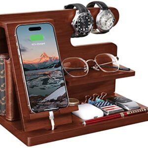 Gifts for Men Wood Phone Docking Station Gifts for him Husband Nightstand Organizer Cell Phone Stand Watch Holder Wallet Station Desk Organizers Gifts for Dad Birthday Gifts for Men