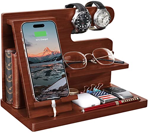 Gifts for Men Wood Phone Docking Station Gifts for him Husband Nightstand Organizer Cell Phone Stand Watch Holder Wallet Station Desk Organizers Gifts for Dad Birthday Gifts for Men
