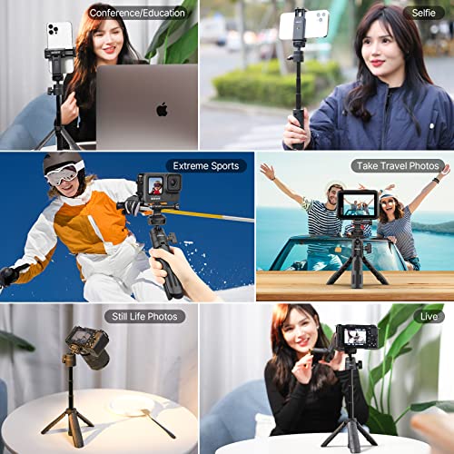 ULANZI M12 Extendable Selfie Stick for Gopro, Portable Vlog Cell Phone Tripod Stand with Phone Mount and Gopro Adapter, Mini Hand Grip Compatible with Gopro Hero 10/9/8/7/6/5 and Smartphone