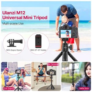 ULANZI M12 Extendable Selfie Stick for Gopro, Portable Vlog Cell Phone Tripod Stand with Phone Mount and Gopro Adapter, Mini Hand Grip Compatible with Gopro Hero 10/9/8/7/6/5 and Smartphone