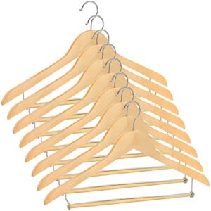 tosnail 8 pack wooden suit coat hangers with locking bar, wood hanger pants clothes hanger - flat construction for saving space