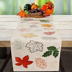 owenie fall table runner 70 inches long, embroidered thanksgiving table runner for fall, autumn harvest farmhouse linen table runner with colorful maple leaves, 13 x 70 inches