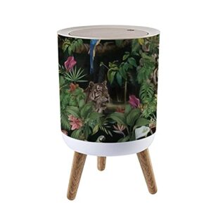 QOR88NJOG Trash Can with Lid Seamless Jungle Leopardstropical Leaves and Flowers Dark Exotic Forest Wood Small Garbage Bin Waste Bin for Kitchen Bathroom Bedroom Press Cover Wastebasket 7L/1.8 Gallon