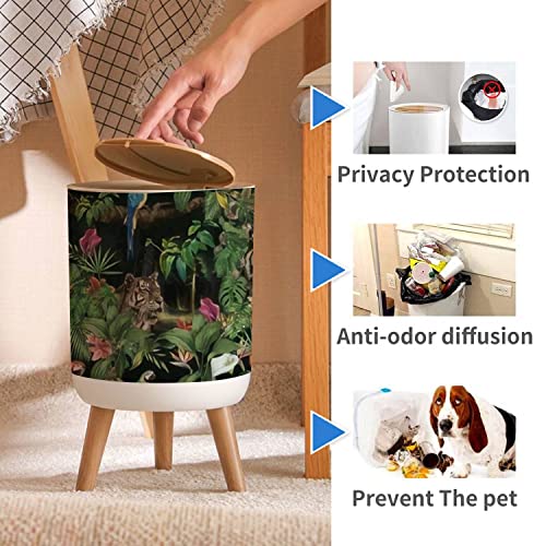 QOR88NJOG Trash Can with Lid Seamless Jungle Leopardstropical Leaves and Flowers Dark Exotic Forest Wood Small Garbage Bin Waste Bin for Kitchen Bathroom Bedroom Press Cover Wastebasket 7L/1.8 Gallon