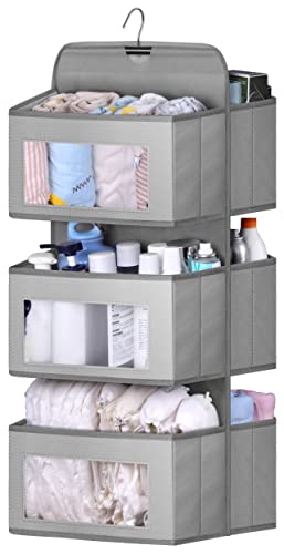 KIMBORA Dual Sided Hanging Closet Organizer and Storage Shelves with 6 Large Clear PVC Pockets Kids Clothes Organizer for Nursery, Camper, RV, Bathroom (Gray)