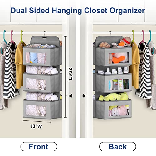 KIMBORA Dual Sided Hanging Closet Organizer and Storage Shelves with 6 Large Clear PVC Pockets Kids Clothes Organizer for Nursery, Camper, RV, Bathroom (Gray)