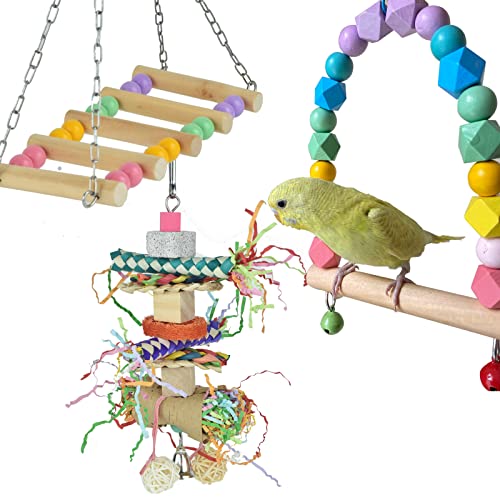 GUANLANT Bird Cage Shredding Foraging Parakeet Toys, Parrots Shredder Chewing Toys, Budgies Swing Ladder Birdcage Stand Perch Climbing Toy with Beak Grinding Stone Ball for Cockatiel Lovebirds Conures