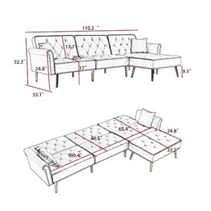 WILLIAMSPACE Green Sectional Couches for Living Room, Sectional Sofa with Recliner, Convertible L-Shaped Sofa with Sleeper, Comfy Velvet L-Shape 3 Seats Sofa and Pillows for Small Spaces