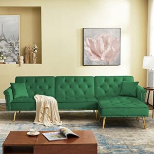williamspace green sectional couches for living room, sectional sofa with recliner, convertible l-shaped sofa with sleeper, comfy velvet l-shape 3 seats sofa and pillows for small spaces