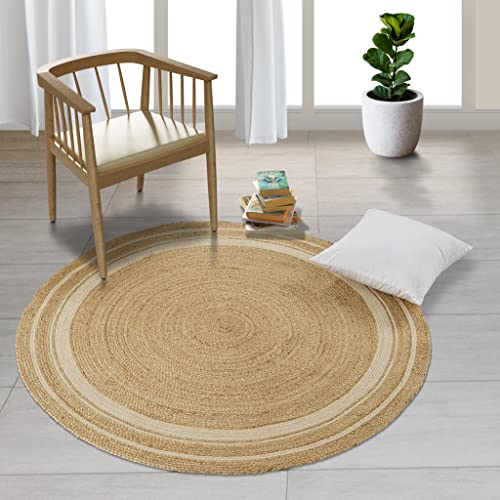 GRUHUM Jute Cotton Area Rug 4ft - Natural Fiber Round Handmade Boho Farmhouse Jute Area Rug Soft Braided Rustic Vintage Reversible Rug for Indoor Kitchen Bedroom Living Room Hallways Enterway