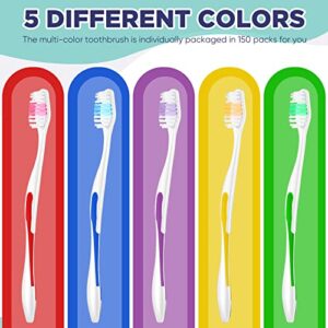 150 Pack Toothbrushes Bulk Travel Toothbrush Kit Disposable Medium Bristle Tooth Brushes Individually Wrapped Toothbrush Soft Toiletries for Travel Hotel Guests Homeless Use, Multi Colors