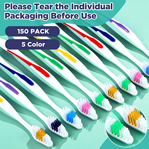 150 Pack Toothbrushes Bulk Travel Toothbrush Kit Disposable Medium Bristle Tooth Brushes Individually Wrapped Toothbrush Soft Toiletries for Travel Hotel Guests Homeless Use, Multi Colors