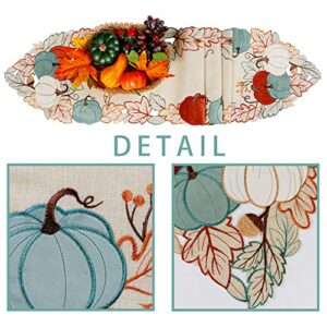 OWENIE Fall Table Runner, Thanksgiving Pumpkins Table Runner 70 Inches Long, Embroidered Harvest Farmhouse Fall Decor for Home, Halloween Table Decorations , 13 x 70 Inches