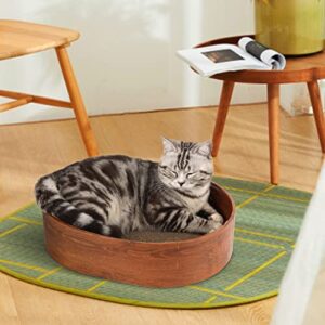 MSBC Cat Scratcher Box, 3 Cat Scratching Pads, Oval Shape Corrugated Cardboard Scratcher, Reversible Cat Scratch Couch Bed for Indoor Cats Kitten, Protecting Furniture (Wood-Grain)