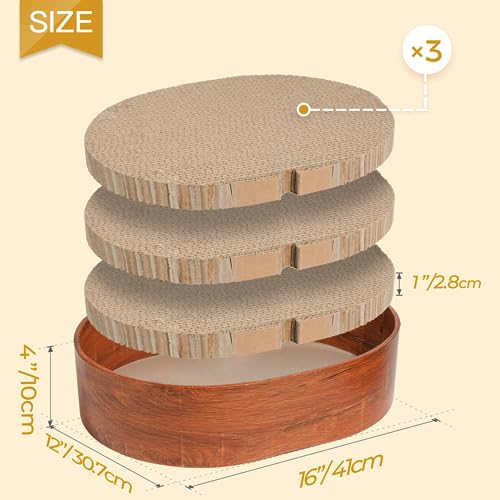 MSBC Cat Scratcher Box, 3 Cat Scratching Pads, Oval Shape Corrugated Cardboard Scratcher, Reversible Cat Scratch Couch Bed for Indoor Cats Kitten, Protecting Furniture (Wood-Grain)