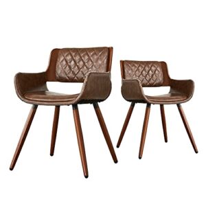ARTPLAN Leather Dining Arm Chair,Set of 2,Mid Century Modern Accent Chair,Upholstery Small Chair with Wood Legs no Wheels for Bedroom,Side,Corner