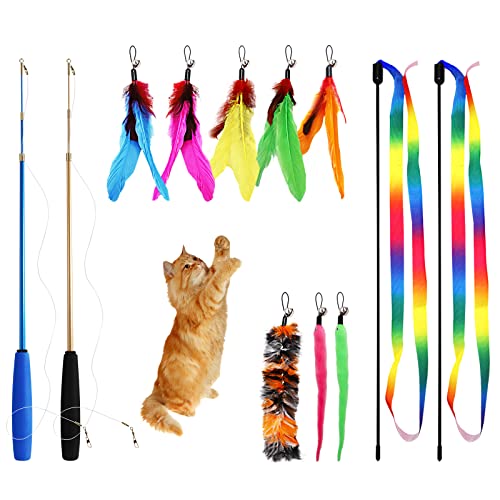 12PCS Interactive Kitten Toys, Retractable Indoor Cat Wand Toys with Replacement Teaser, Rainbow Ribbon and Make Exercise by Sunshinetop